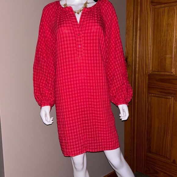 Banana Republic Balloon Sleeve Mini Dress Medium Red Check Gingham - Picture 2 of 9